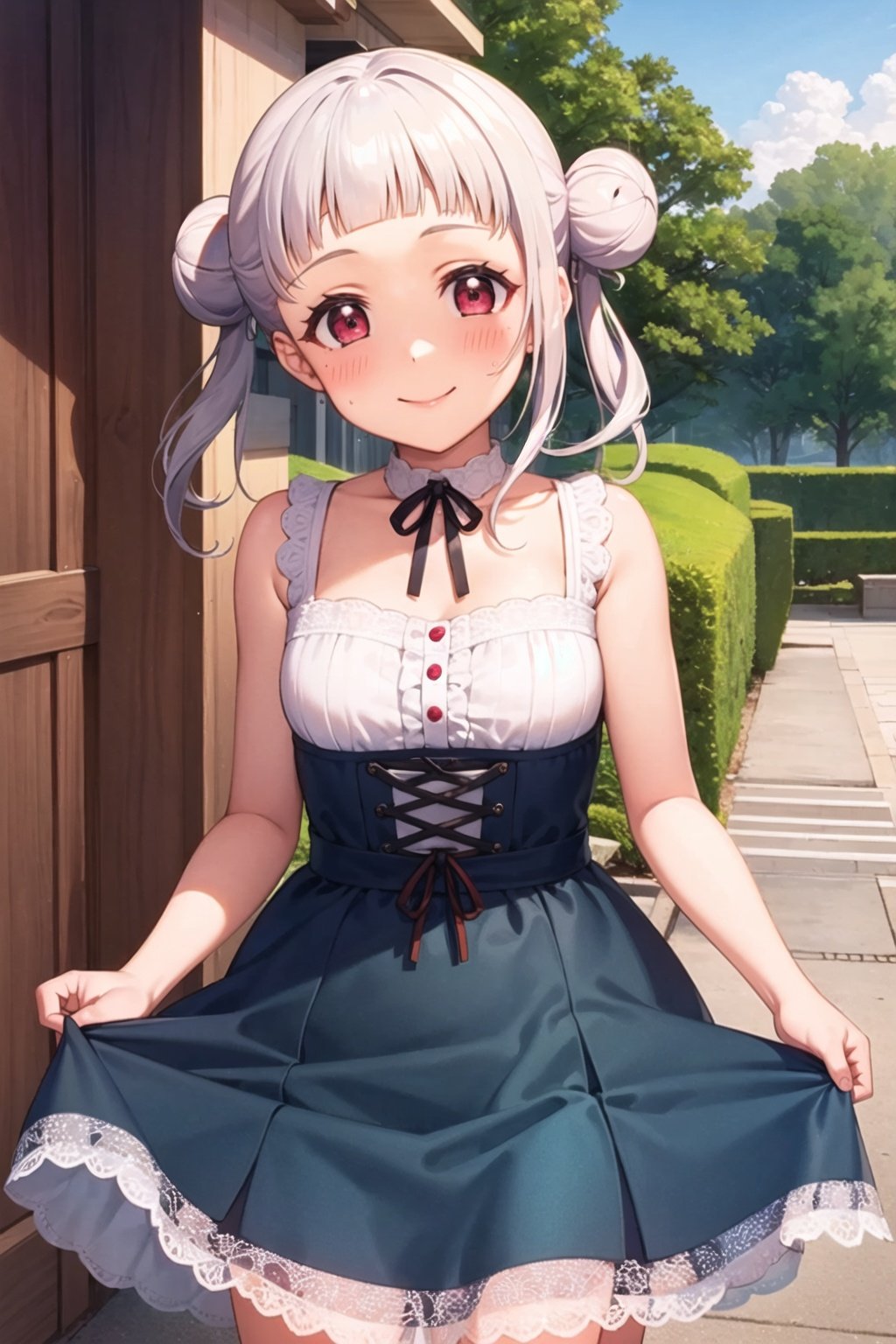 (masterpiece, best quality, ultra-detailed), (illustration), (beautiful detailed eyes), (1girl), (solo), arashi chisato, white hair, double bun, red eyes, single sidelock,  <lora:ChisatoLL_v1.1:0.8>,outdoors, greenary, depth of field, dress, hair ornament, standing, smile, blush, looking at viewer, closed mouth, cowboy shot, 