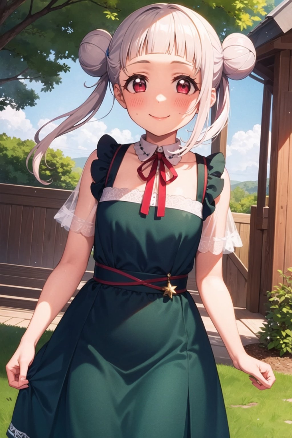 (masterpiece, best quality, ultra-detailed), (illustration), (beautiful detailed eyes), (1girl), (solo), arashi chisato, white hair, double bun, red eyes, single sidelock, small breasts,  <lora:ChisatoLL_v1.1:0.8>,outdoors, greenary, depth of field, dress, hair ornament, standing, smile, blush, looking at viewer, closed mouth, cowboy shot, 