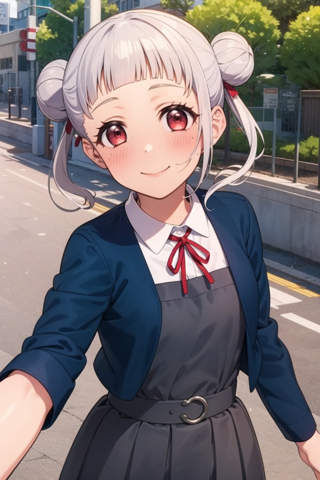 (masterpiece, best quality, ultra-detailed), (illustration), (beautiful detailed eyes), (1girl), (solo), arashi chisato, white hair, double bun, red eyes, single sidelock, small breasts, <lora:ChisatoLL_v1.1:0.8>,outdoors, greenary, depth of field,shirt, dress, ribbon, school uniform, jacket, white shirt, open clothes, collared shirt, open jacket, red ribbon, neck ribbon, blue jacket, pinafore dress, grey dress, yuigaoka school uniform,standing, smile, blush, looking at viewer, closed mouth, cowboy shot,