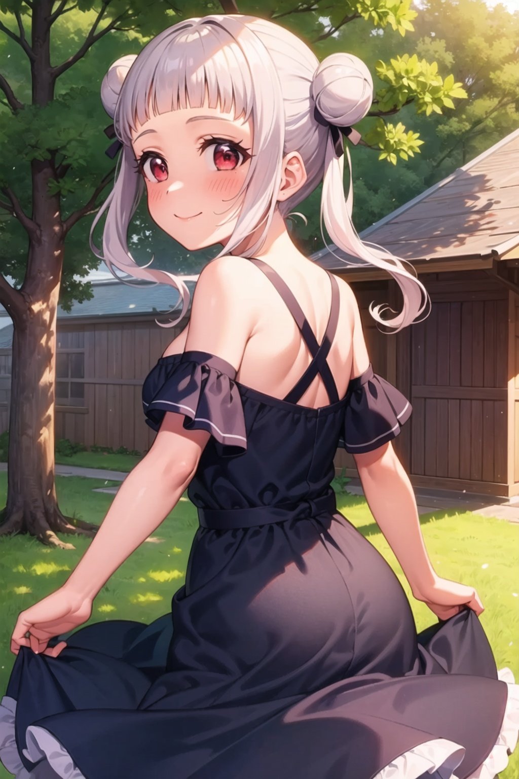 (masterpiece, best quality, ultra-detailed), (illustration), (beautiful detailed eyes), (1girl), (solo), arashi chisato, white hair, double bun, red eyes, single sidelock, small breasts, <lora:ChisatoLL_v1.1:0.8>,outdoors, greenary, depth of field,frilled dress, from behind, standing, smile, blush, closed mouth, cowboy shot,