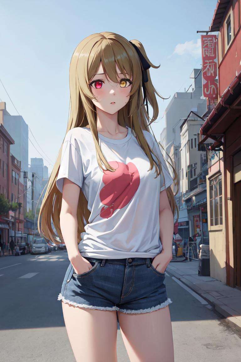 masterpiece, best quality, absurdres, perfect anatomy, 1girl, solo, KuoShenlin, heterochromia, long hair, hair ribbon, igraphic tee, denim shorts, standing, outdoors, city, hands in pockets, <lora:KuoShenlin:1>