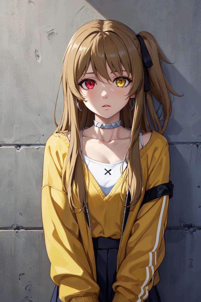 masterpiece, best quality, absurdres, perfect anatomy, 1girl, solo, KuoShenlin, heterochromia, long hair, hair ribbon, earrings, sharp eyes, choker, neon shirt, open jacket, turtleneck sweater, night, against wall, brick wall, graffiti, dim lighting, alley, looking at viewer, <lora:KuoShenlin:1>