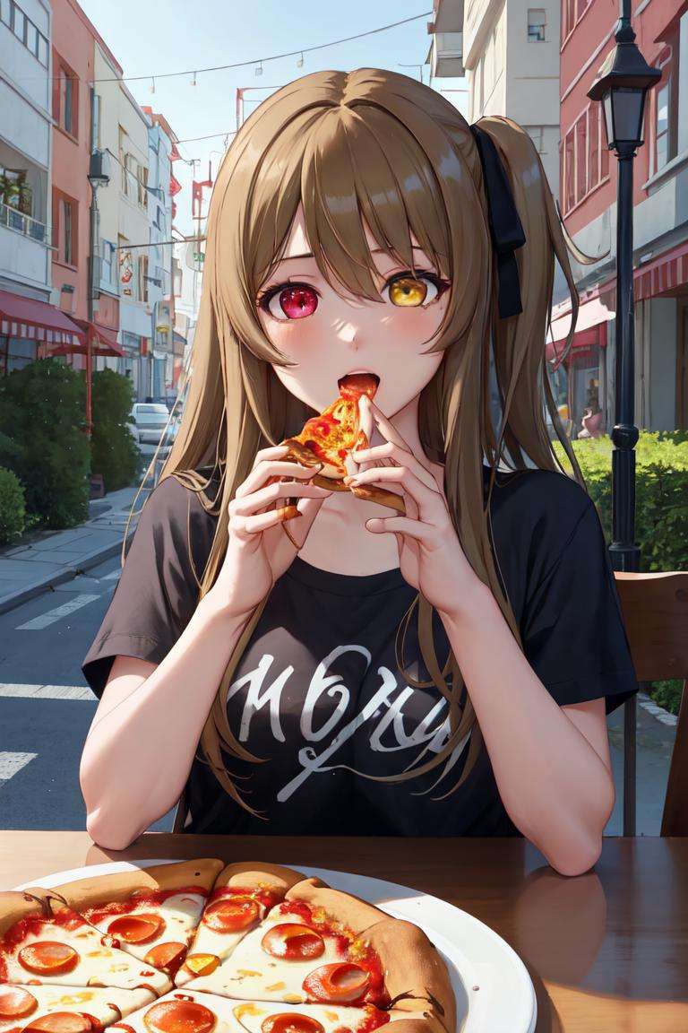 masterpiece, best quality, absurdres, perfect anatomy, 1girl, solo, KuoShenlin, heterochromia, long hair, hair ribbon, t-shirt, eating, table, upper body, pizza, happy, lamp, outdoors, street, lamppost, <lora:KuoShenlin:1>