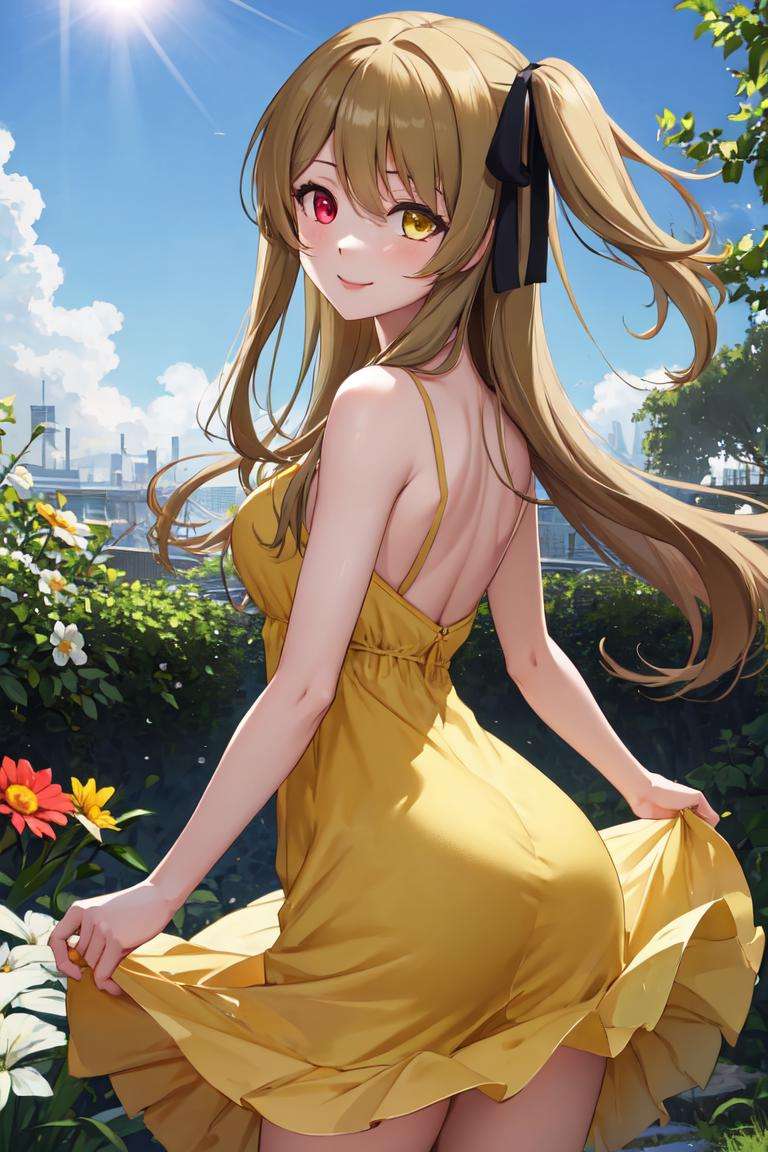 masterpiece, best quality, absurdres, perfect anatomy, 1girl, solo, KuoShenlin, heterochromia, long hair, hair ribbon, from behind, (yellow sundress), garden, day, sunshine, smile, looking back, <lora:KuoShenlin:1>