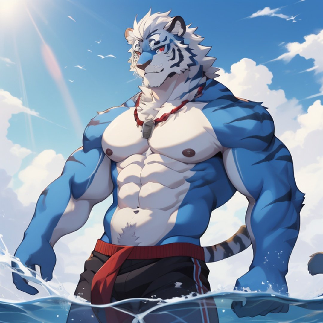 ((masterpiece)),((best quality)),8k,high detailed,ultra-detailed,anime,CG,1boy,sky,water,topless,muscular, tiger boy,blue fur,white hair,blue eyes,red eyes