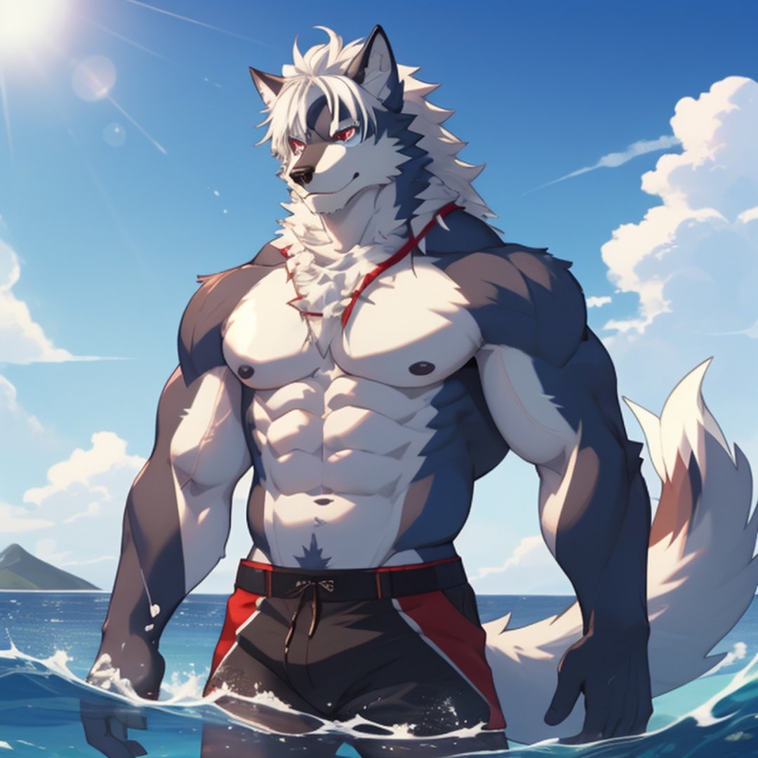 ((masterpiece)),((best quality)),8k,high detailed,ultra-detailed,anime,CG,1boy,sky,water,topless,muscular, wolf boy,red fur,white hair,blue eyes,red eyes,