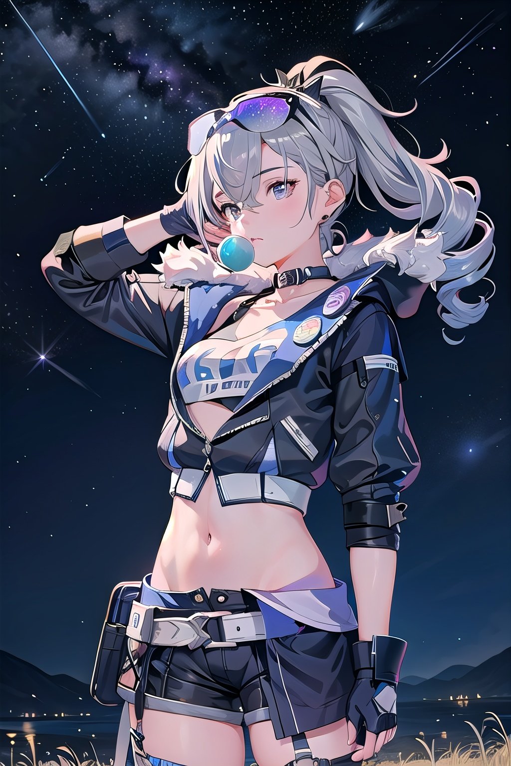 1girl,Upper body,solo,very detailed eyes and face,beautiful detail eyes,official art,2k,super detailed,beautiful,masterpiece,full body portrait,highly detailed skin,realistic skin details,visible pores,clear focus,DSLR,high quality,film grain,fair skin,The vast sky,
yinlang, bronya zaychik, eyewear on head, grey eyes, grey hair, long hair, drill hair, gloves, bubble blowing, jacket, shorts, chewing gum,fingerless gloves, navel, mesh socks,
standing on the grassland,(at night:1.4),(The hanging North Star:1.1),(with meteors passing behind me:1.1),outdoors,sky,cloud,building,grass,(star (sky):1.3),(shooting star:1.3),cloudy sky,(starry sky:1.3),yinlang