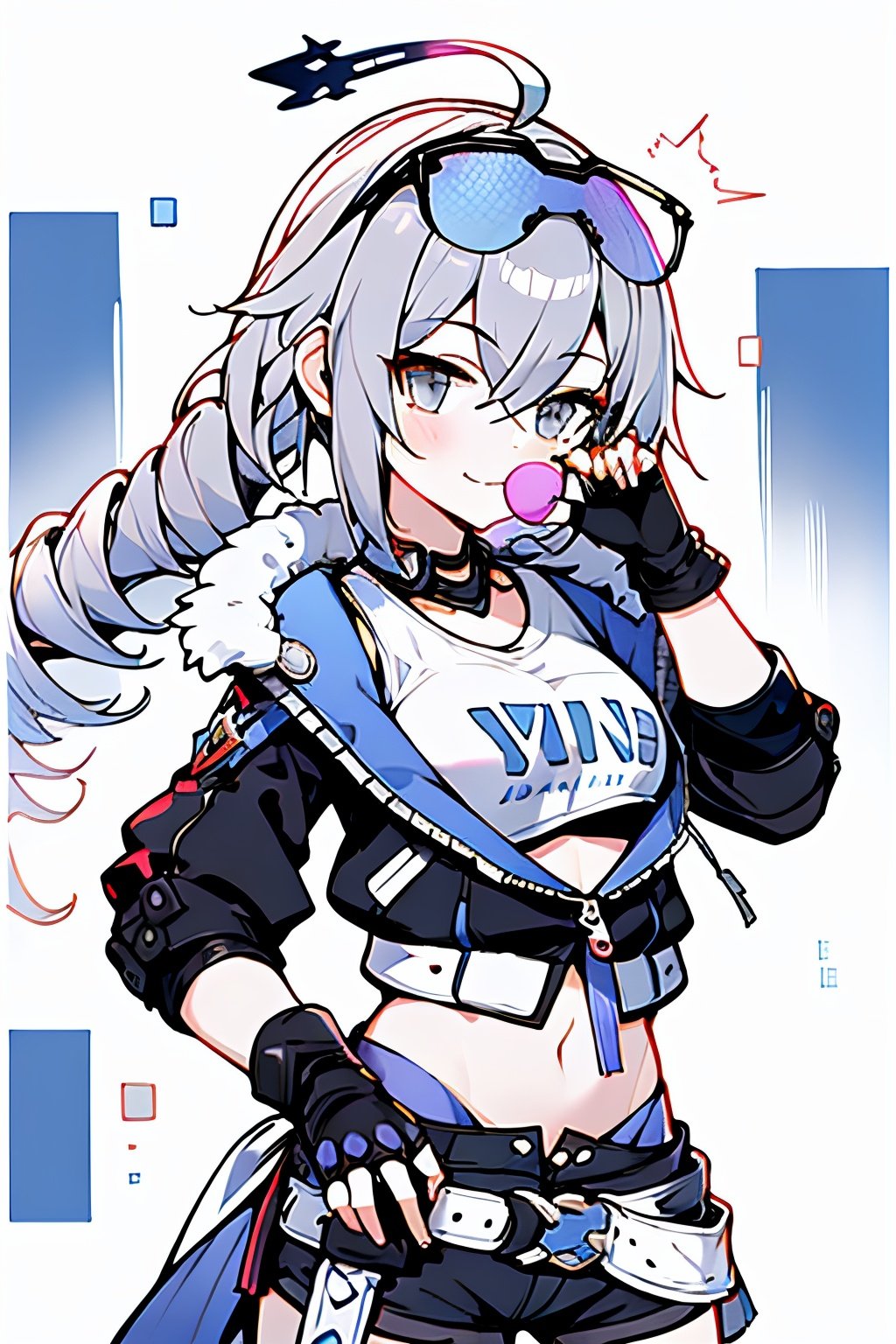 1girl,
yinlang, bronya zaychik, eyewear on head, grey eyes, grey hair, long hair, drill hair, gloves, bubble blowing, jacket, shorts, chewing gum,fingerless gloves, navel, mesh socks,
,long hair, braid, ahoge,  underwear, looking at viewersmile,  masterpiece, best quality,masterpiece, best quality,halo, masterpiece, best quality,hide handface highlight, upper body,  ,yinlang