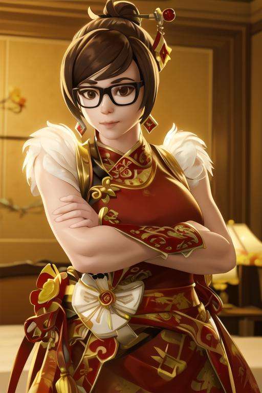 mei, meiluna, seductive pose, crossed arms, fancy restoraunt, dress, hair bun, hair stick, glasses, candleights, <lora:meiV2:0.7>, best quality