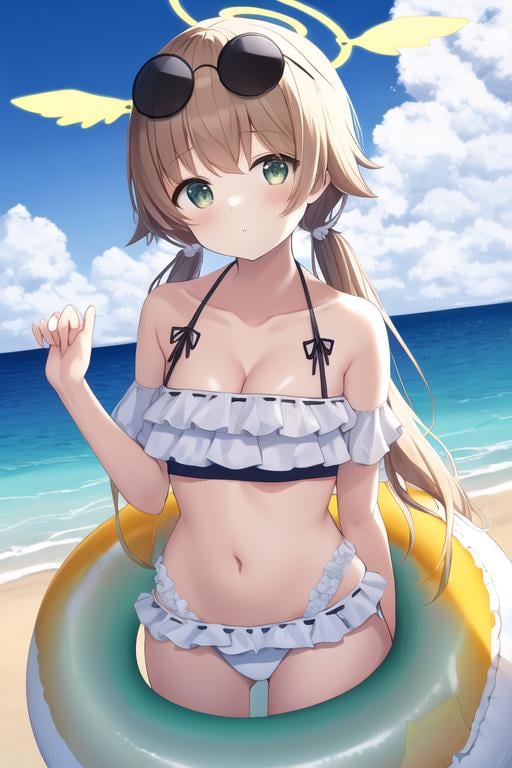 Hifumi(Swimsuit), sky, beach, looking at viewer, frilled bikini, small breasts, day, cloud, light brown hair, outdoors, cleavage, parted lips, blush, long hair, eyewear on head, collarbone, solo, low twintails, ocean, sunglasses, white bikini, navel, innertube, 1girl, halo <lora:hifumi-09:0.7>