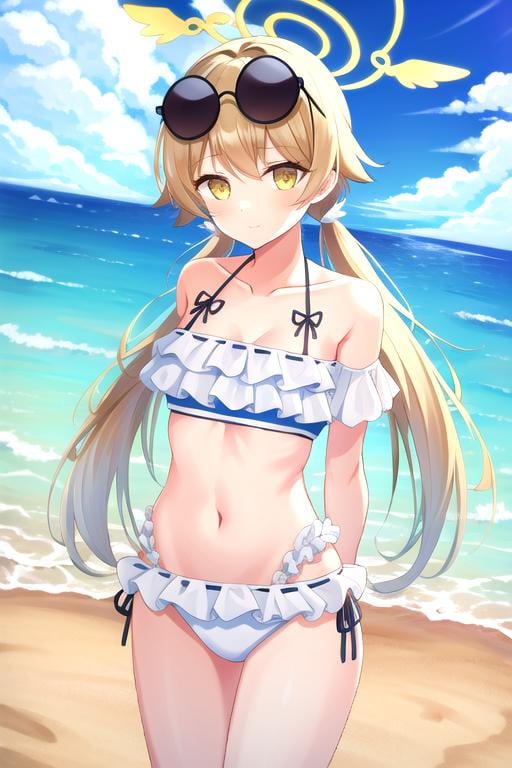 Hifumi(Swimsuit), sky, beach, swimsuit, looking at viewer, frilled bikini, day, bikini, cloud, outdoors, blue sky, twintails, long hair, eyewear on head, collarbone, solo, cowboy shot, frills, arms behind back, low twintails, ocean, sunglasses, white bikini, navel, yellow eyes, 1girl, halo<lora:hifumi-10:0.8>