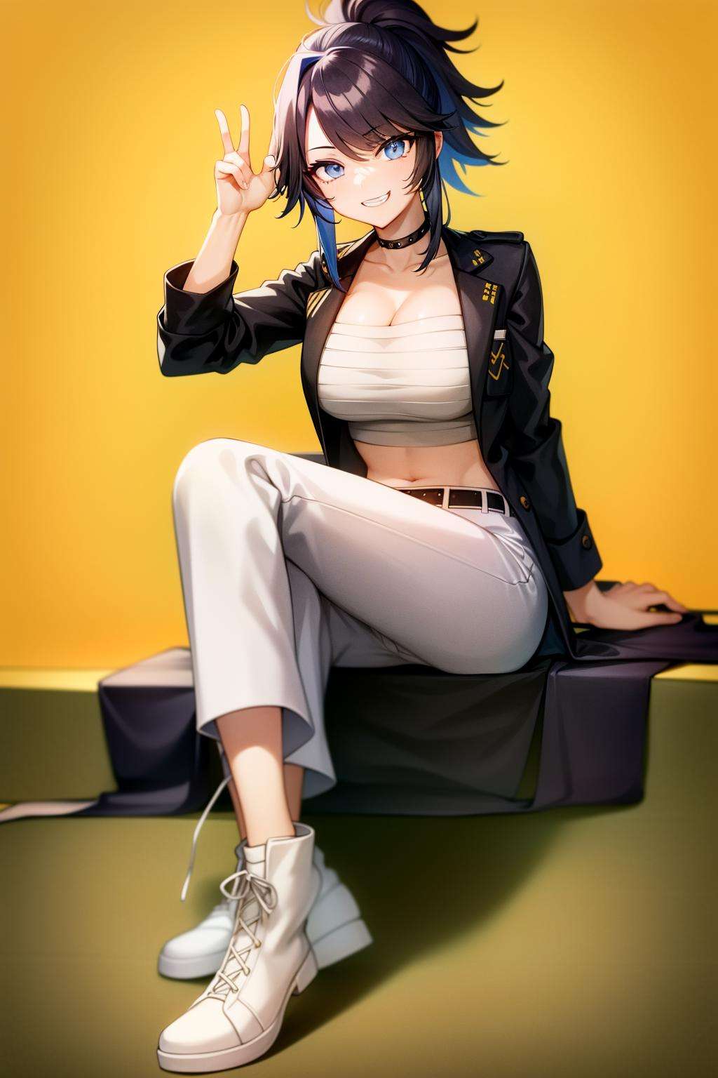 kson(vshojo), sitting, belt, white footwear, black hair, black jacket, grin, large breasts, smile, coat, white pants, chest sarashi, simple background, cleavage, blue eyes, open clothes, pants, solo, black choker, boots, sarashi, midriff, yellow background, full body, jacket, 1girl, looking at viewer, blue hair, ponytail, choker<lora:kson-06:0.7>, 