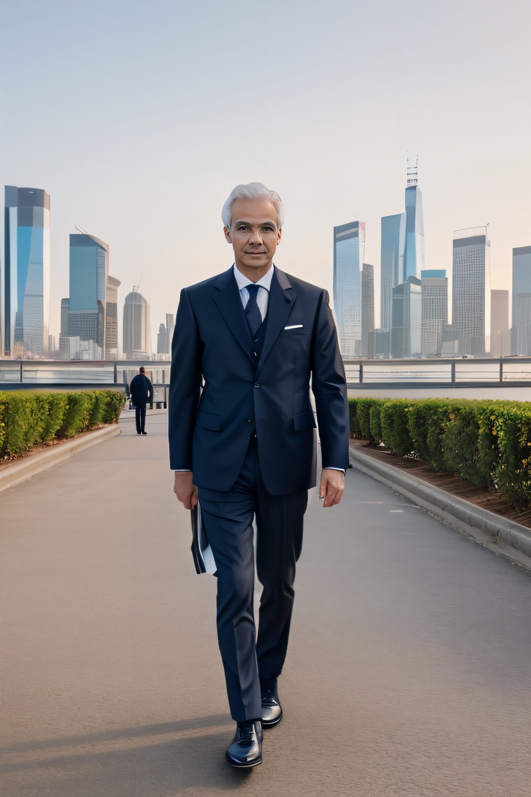 high-quality, realistic image of a stunningly handsome male dressed in an impeccably tailored Sherlock Holmes suit with a touch of elegant white hair, confidently standing in the midst of a futuristic cityscape. The man should exude charm and sophistication with a mature yet distinguished appearance. The futuristic city backdrop should be bustling with cyberpunk elements, accentuating the blend of classic and contemporary aesthetics. The image should showcase impeccable attention to detail, capturing the essence of a professional photoshoot. The lighting should be cinematic, casting captivating shadows that enhance the overall appeal of the composition. The futuristic elements in the city should be seamlessly integrated into the setting, creating a visually stunning and harmonious scene. Please ensure the image portrays a sense of urban elegance, sophistication, and timeless style,   <lora:g4njar_v1-000005:0.8>