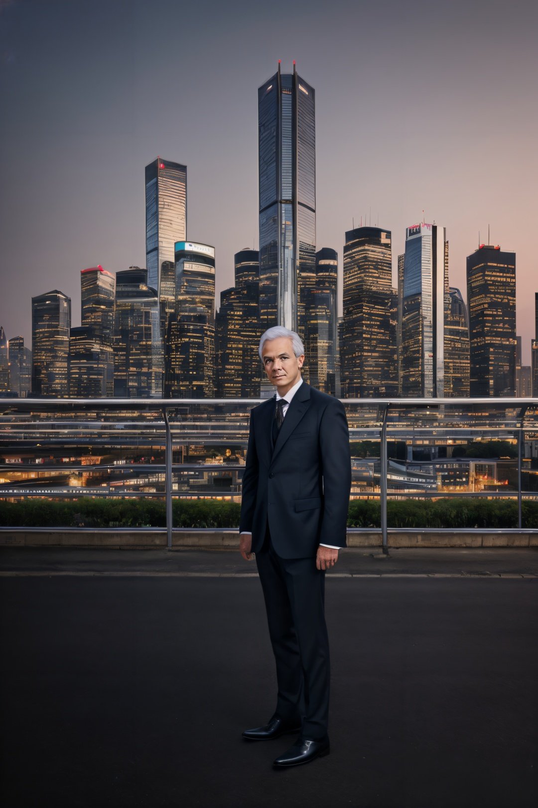 high-quality, realistic image of a stunningly handsome male dressed in an impeccably tailored Sherlock Holmes suit with a touch of elegant white hair, confidently standing in the midst of a futuristic cityscape. The man should exude charm and sophistication with a mature yet distinguished appearance. The futuristic city backdrop should be bustling with cyberpunk elements, accentuating the blend of classic and contemporary aesthetics. The image should showcase impeccable attention to detail, capturing the essence of a professional photoshoot. The lighting should be cinematic, casting captivating shadows that enhance the overall appeal of the composition. The futuristic elements in the city should be seamlessly integrated into the setting, creating a visually stunning and harmonious scene. Please ensure the image portrays a sense of urban elegance, sophistication, and timeless style,   <lora:g4njar_v1-000005:0.8>