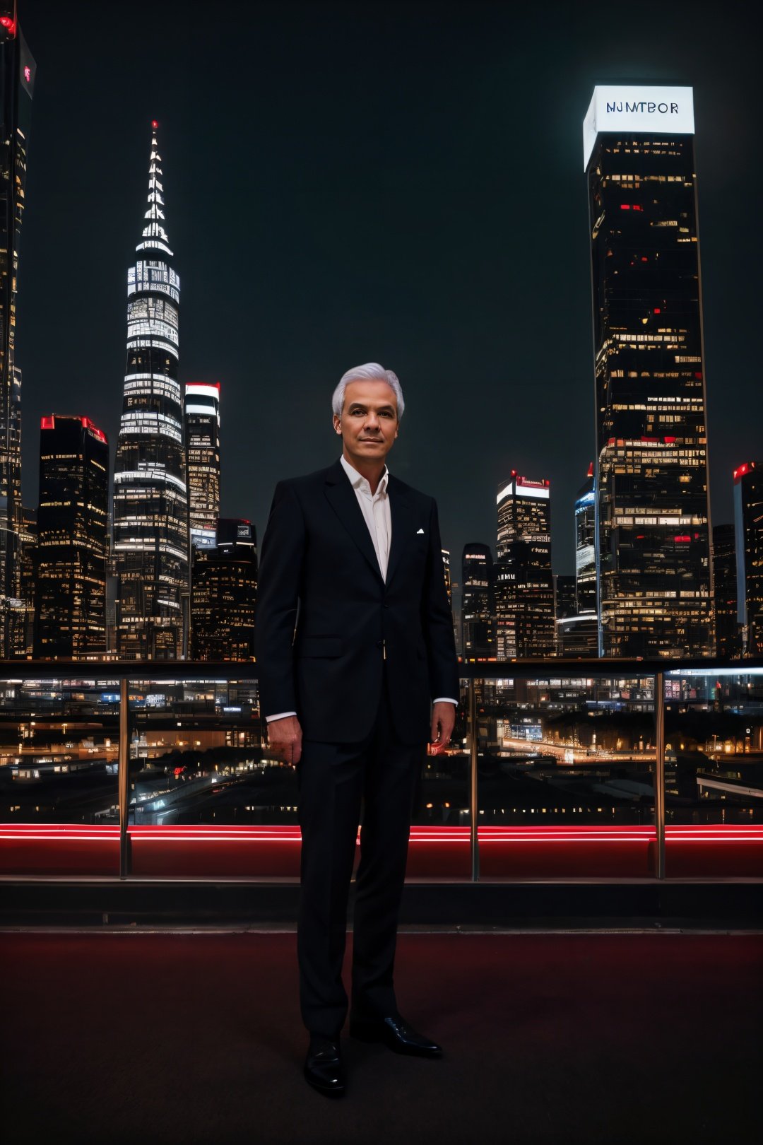 high-quality, realistic image of a stunningly handsome male dressed in an impeccably tailored Sherlock Holmes suit with a touch of elegant white hair, confidently standing in the midst of a futuristic cityscape. The man should exude charm and sophistication with a mature yet distinguished appearance. The futuristic city backdrop should be bustling with cyberpunk elements, accentuating the blend of classic and contemporary aesthetics. The image should showcase impeccable attention to detail, capturing the essence of a professional photoshoot. The lighting should be cinematic, casting captivating shadows that enhance the overall appeal of the composition. The futuristic elements in the city should be seamlessly integrated into the setting, creating a visually stunning and harmonious scene. Please ensure the image portrays a sense of urban elegance, sophistication, and timeless style,   <lora:g4njar_v1-000005:0.8>