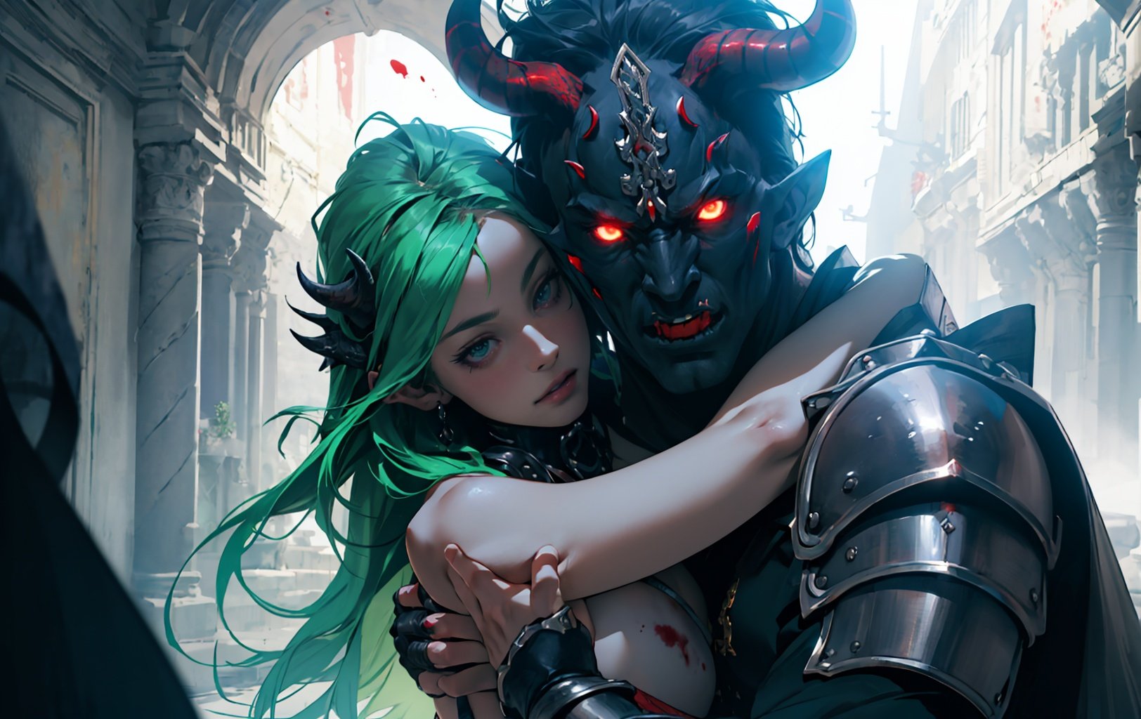 Masterpiece, best quality, hyperrealistic, (a woman and a male demon hug romantically looking at another),  she is completely naked she has long green hair, He wears an ornate dark armor and an oni mask, underworld, cowboy shot, (bloodstains:1), horror, ethereal, area lighting, extremely detailed, 