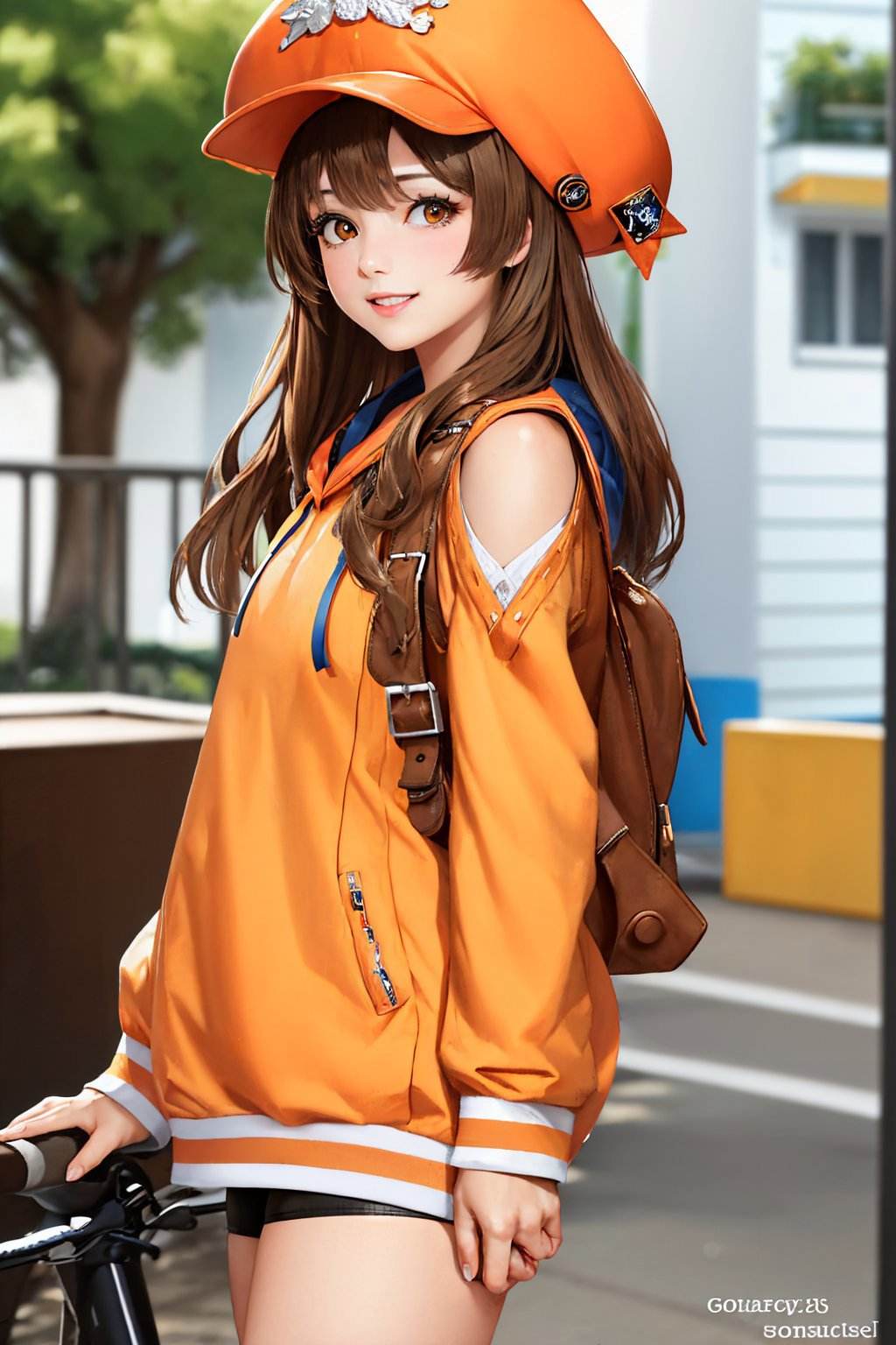 (masterpiece, best quality:1.2), cowboy shot, solo, 1girl, ggmay, smile, looking at viewer, orange headwear, hat, orange hoodie, bike shorts, orange footwear, fingerless gloves, backpack <lora:guiltygear_may:1.0>