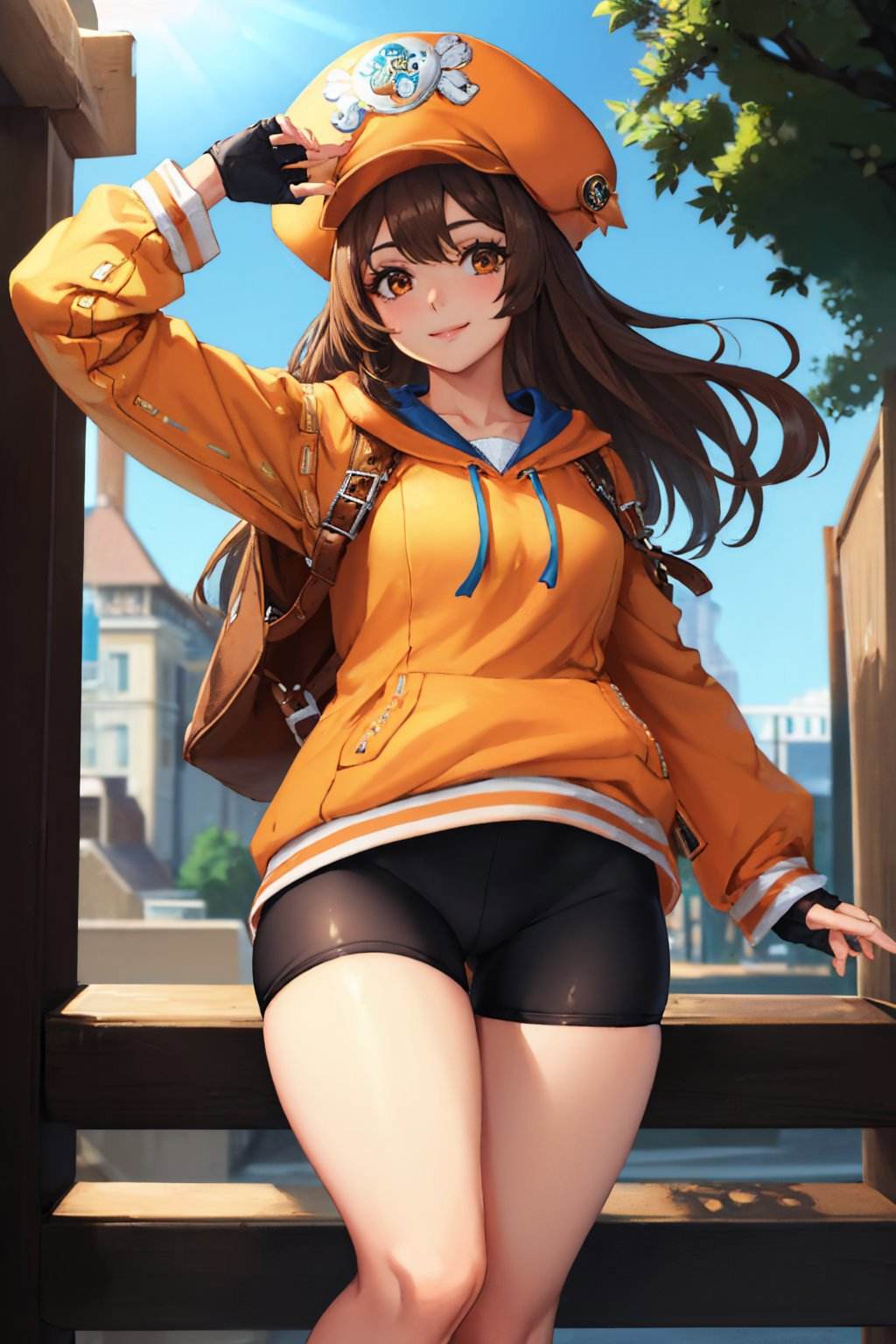 (masterpiece, best quality:1.2), cowboy shot, solo, 1girl, ggmay, smile, looking at viewer, orange headwear, hat, orange hoodie, bike shorts, orange footwear, fingerless gloves, backpack <lora:guiltygear_may:1.0>