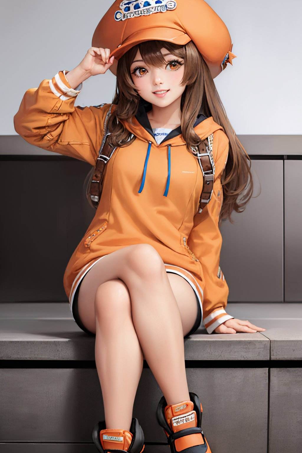 (masterpiece, best quality:1.2), solo, 1girl, ggmay, smile, looking at viewer, sitting, crossed legs, orange headwear, hat, orange hoodie, bike shorts, orange footwear <lora:guiltygear_may:1.0>