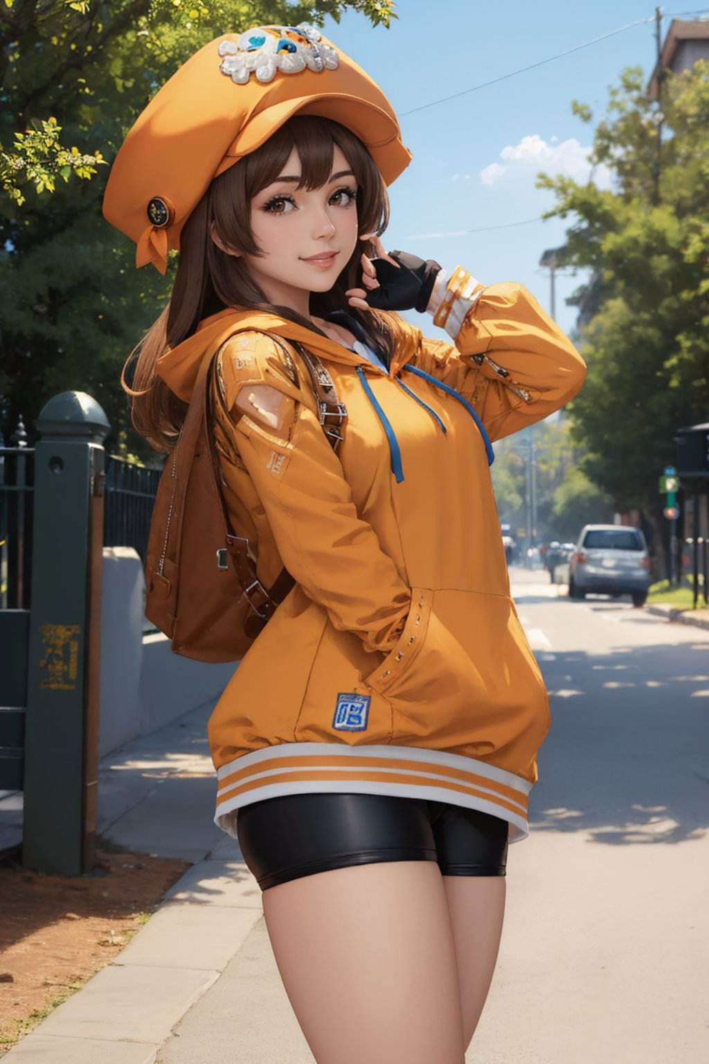 (masterpiece, best quality:1.2), cowboy shot, solo, 1girl, ggmay, smile, looking at viewer, orange headwear, hat, orange hoodie, bike shorts, orange footwear, fingerless gloves, backpack <lora:guiltygear_may:1.0>