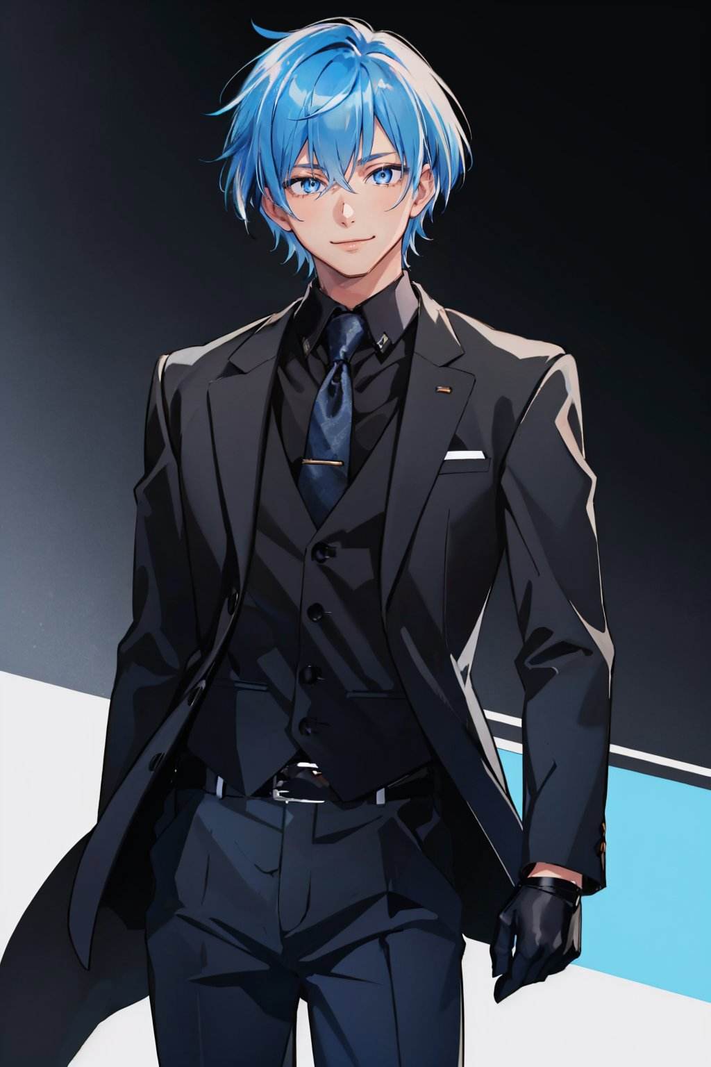 (masterpiece, best quality:1.2), cowboy shot, solo, male focus, 1boy, smile, looking at viewer, streaked hair, blue hair, blue eyes, allblacksuit, black gloves <lora:attire_allblacksuit-12:1.0>