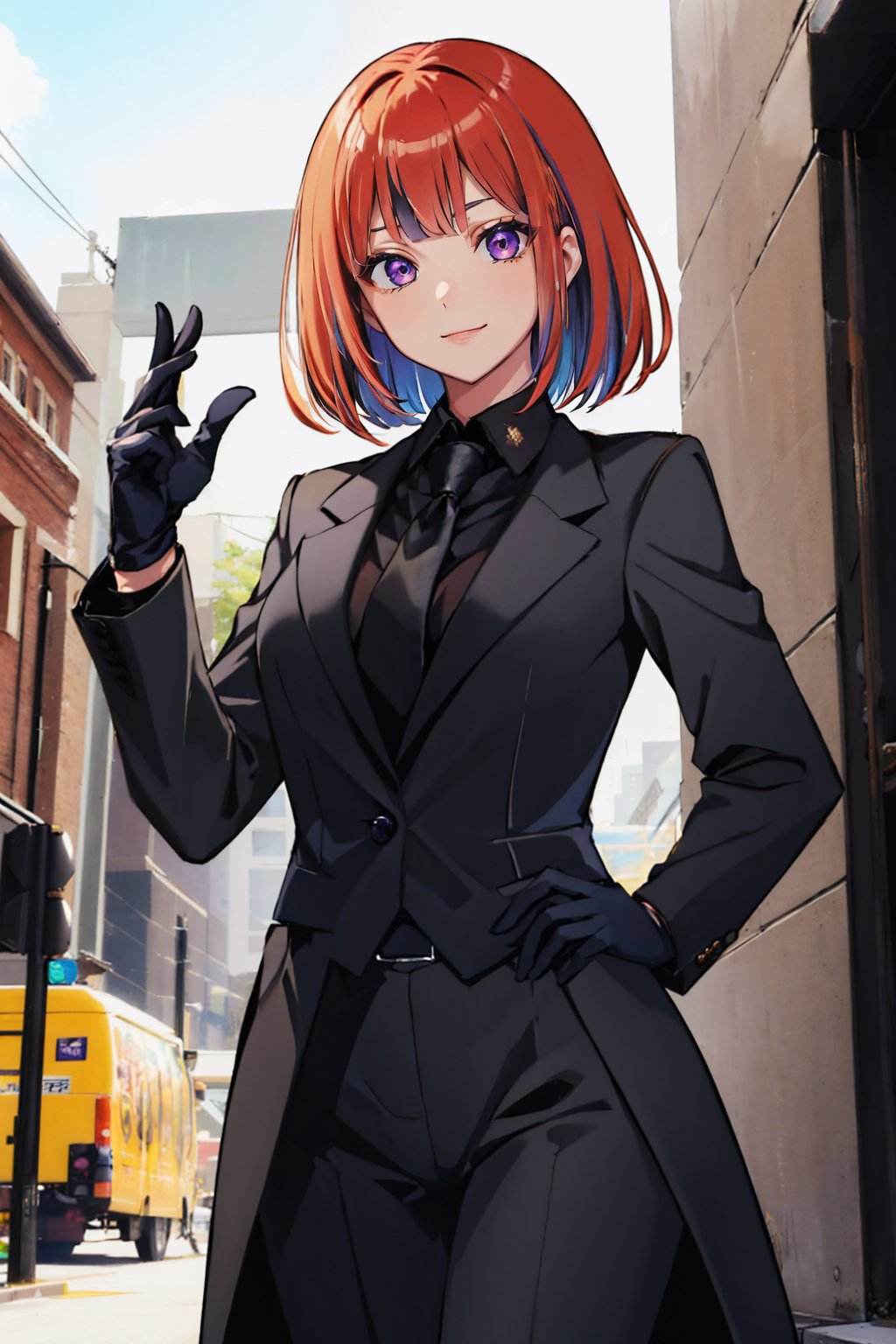 (masterpiece, best quality:1.2), cowboy shot, solo, 1girl, smile, looking at viewer, multicolored hair, purple eyes, allblacksuit, black gloves <lora:attire_allblacksuit-12:1.0>