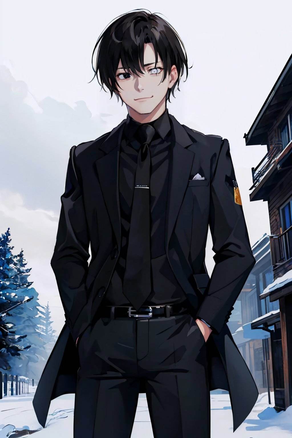 (masterpiece, best quality:1.2), cowboy shot, solo, male focus, 1boy, smirk, looking at viewer, hands in pockets, short hair, black hair, bweyes, heterochromia, allblacksuit <lyco:concept_blacknwhiteeyes-10:1> <lora:attire_allblacksuit-12:0.8>