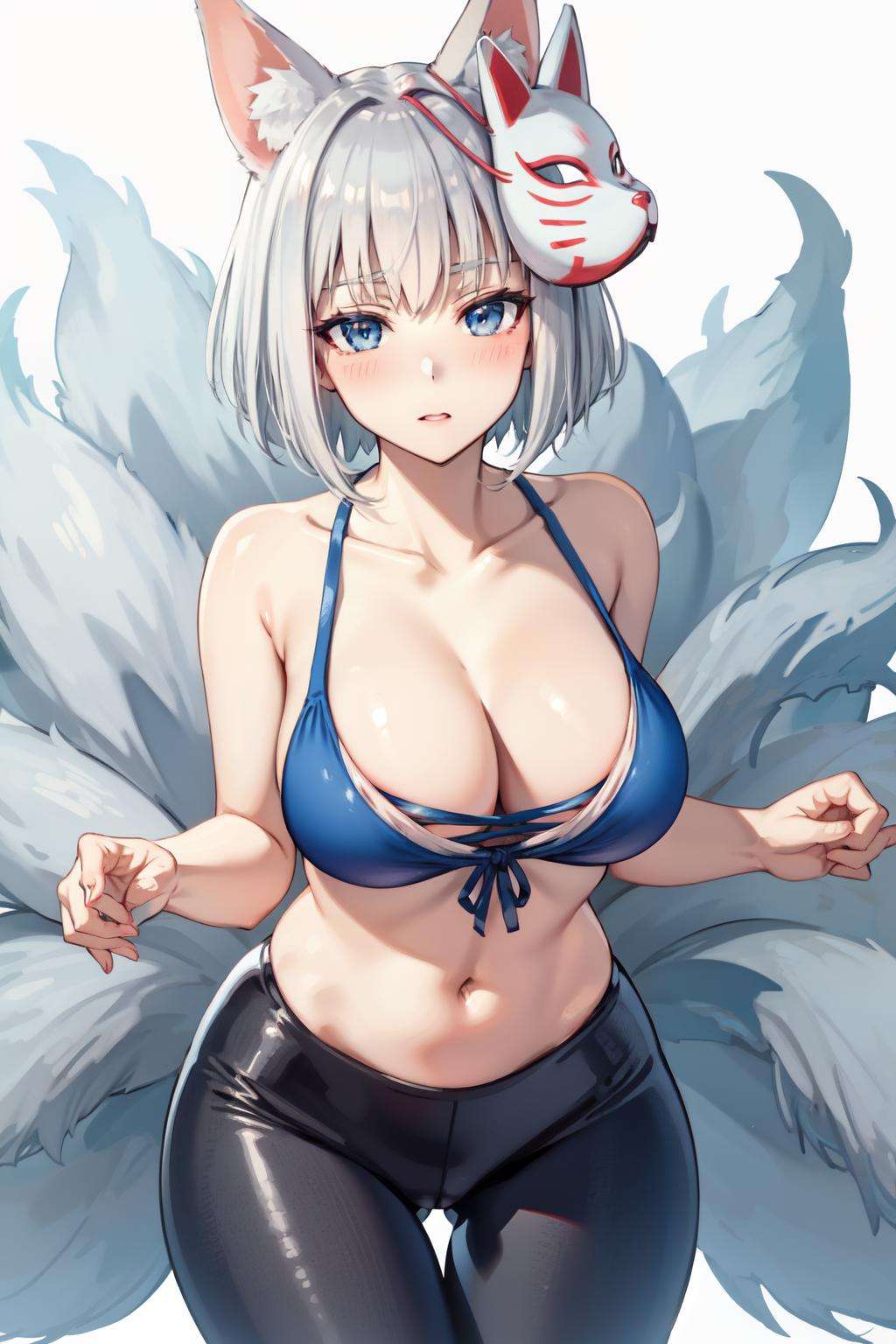 <lora:kaga_everlasting_killing_stone-09:0.8>kaga(everlasting killing stone), solo, white background, white hair,  simple background, navel, blue eyes, fox ears, mask on head, large breasts, tail, fox girl, short hair, animal ear fluff, multiple tails, collarbone, cleavage, fox mask, looking at viewer, blush, fox tail, 1girl , sports bra, yoga pants, thick thigh, thigh gap , 