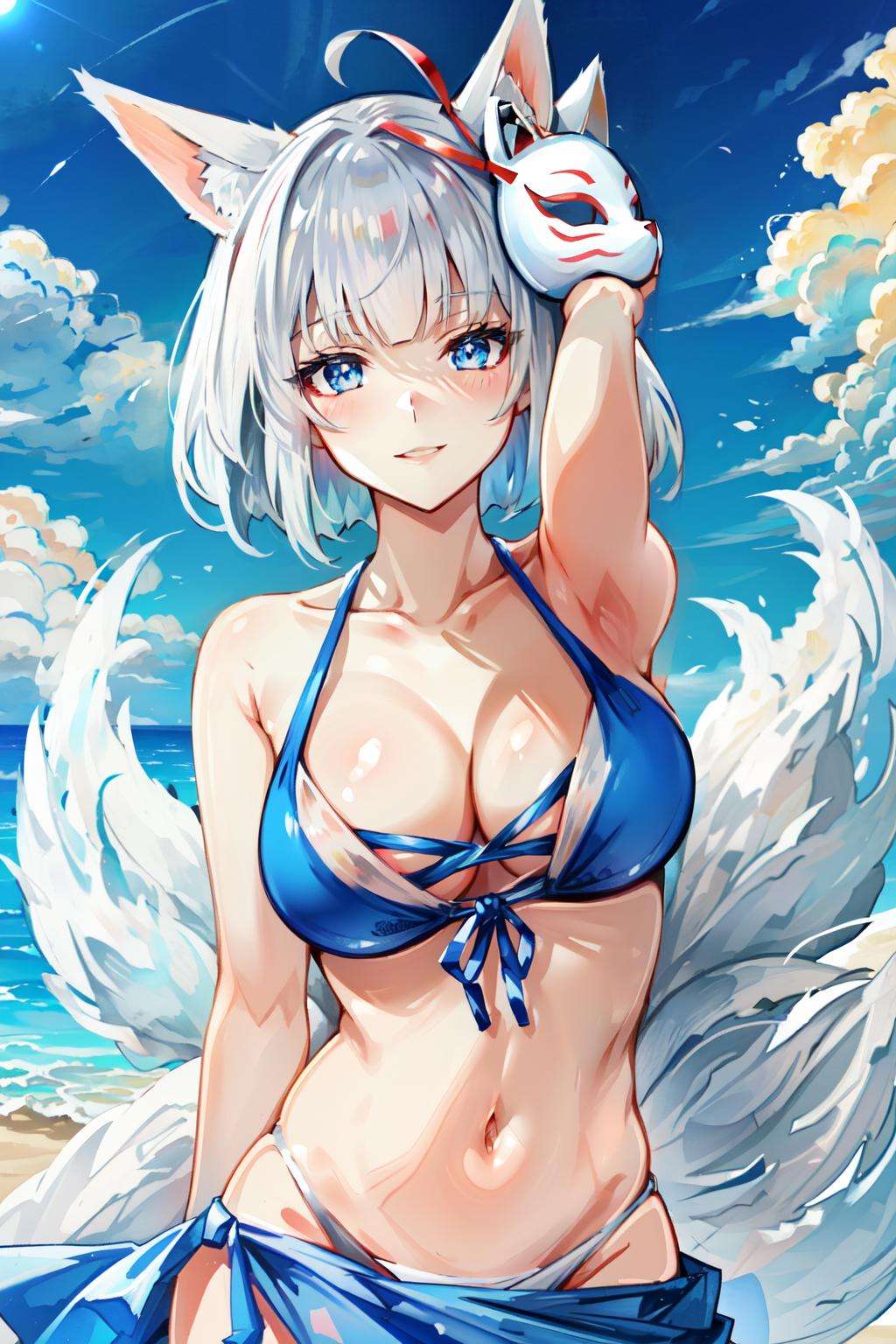 <lora:kaga_everlasting_killing_stone-09:0.8> kaga(everlasting killing stone), solo, white hair, navel, blue eyes, fox ears, mask on head, large breasts, smile, tail, fox girl, short hair, sky, sarong, collarbone, cleavage, blue sky, fox mask, looking at viewer, blue bikini, blunt bangs, blush, fox tail, animal ears, 1girl 