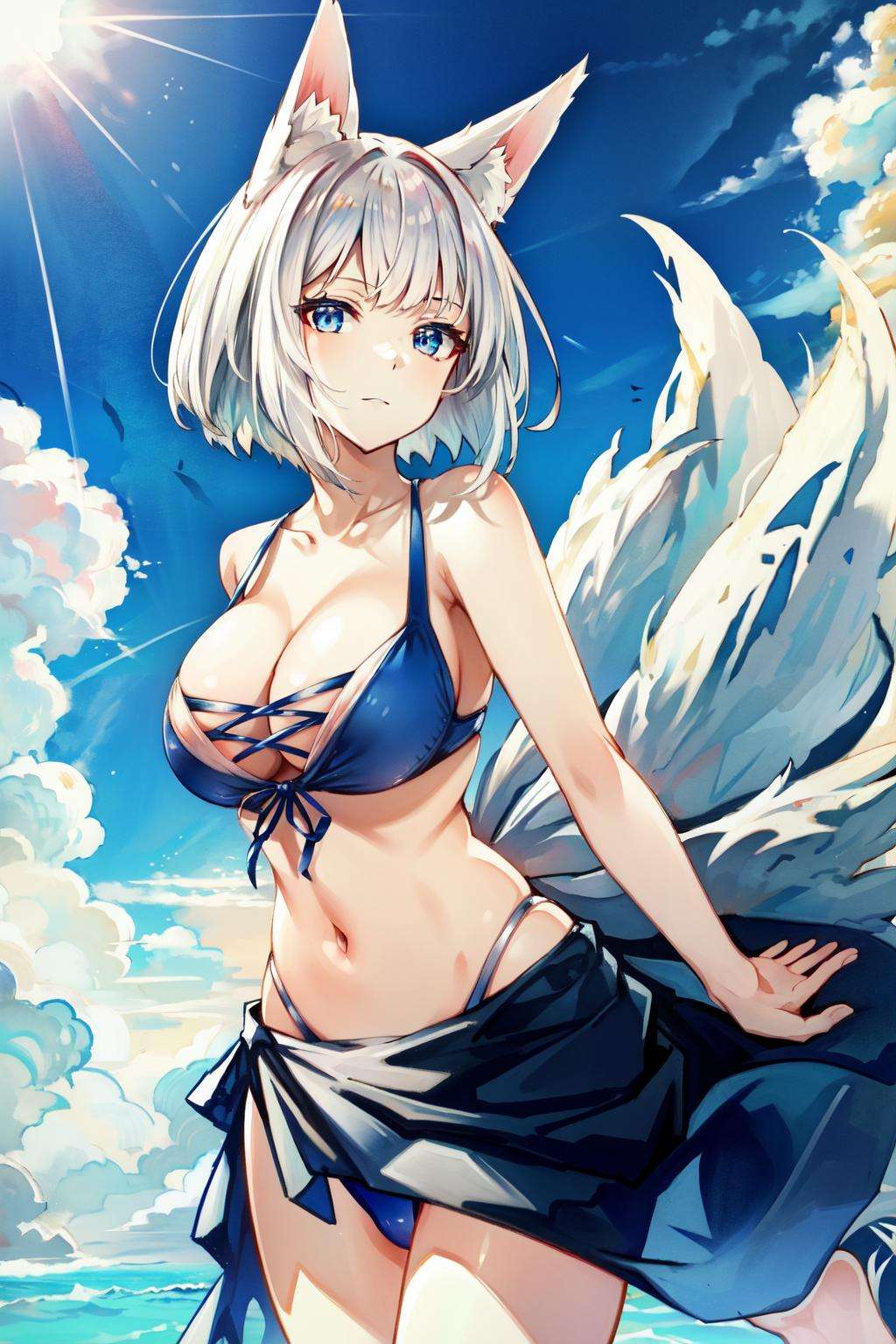 <lora:kaga_everlasting_killing_stone-09:0.8>kaga(everlasting killing stone), solo, white tail, white hair, swimsuit, outdoors, navel, blue eyes, fox ears, large breasts, tail, fox girl, short hair, animal ear fluff, cloud, multiple tails, sky, day, sarong, cleavage, blue sky, looking at viewer, blue bikini, fox tail, animal ears, bikini, 1girl