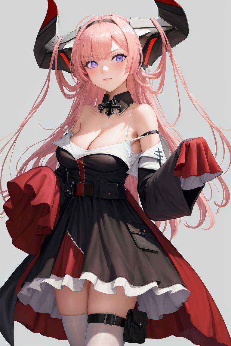 masterpiece, best quality, looking at viewer, 1girl, solo, standing, cowboy shot, <lora:prinzrupprecht-al-richy-v1:1> prinz rupprecht \(azur lane\), bare shoulders, cleavage, white thighhighs, iron cross, black dress, sleeves past fingers, thigh strap, wide long sleeves, wide sleeves, 