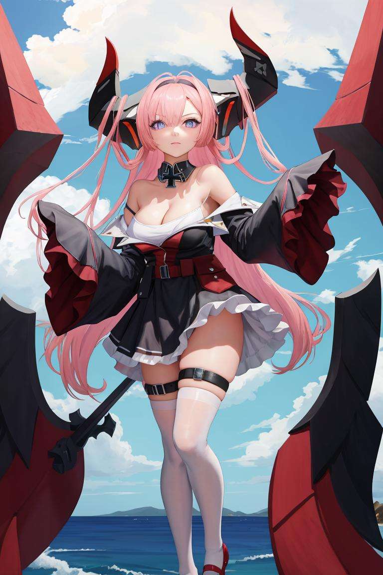 masterpiece, best quality, looking at viewer, 1girl, solo, standing, full body, <lora:prinzrupprecht-al-richy-v1:1> prinz rupprecht \(azur lane\), bare shoulders, cleavage, white thighhighs, iron cross, black dress, sleeves past fingers, thigh strap, wide sleeves, 