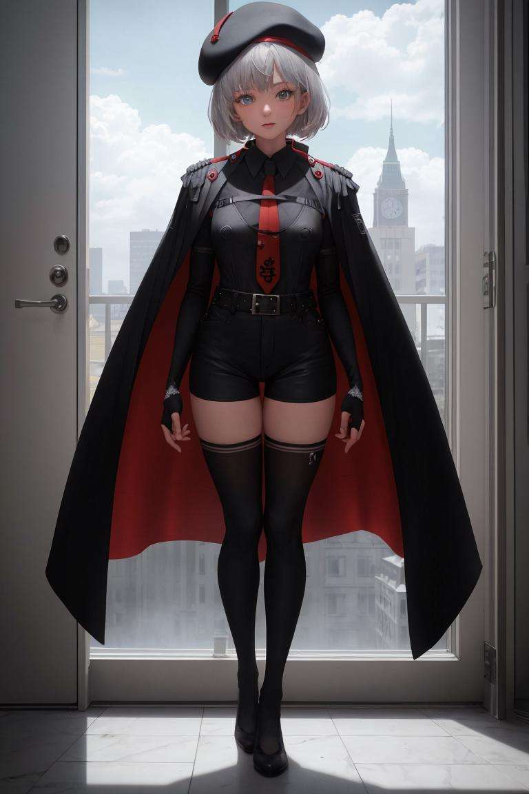 masterpiece, best quality, 1girl, solo, standing, full body, looking at viewer, <lora:vesti-nikke-richy-v1:0.8>, vesti \(nikke\), shirt, long sleeves, black shirt, black shorts, beret, red necktie, fingerless gloves, bridal gauntlets, cape, black thighhighs