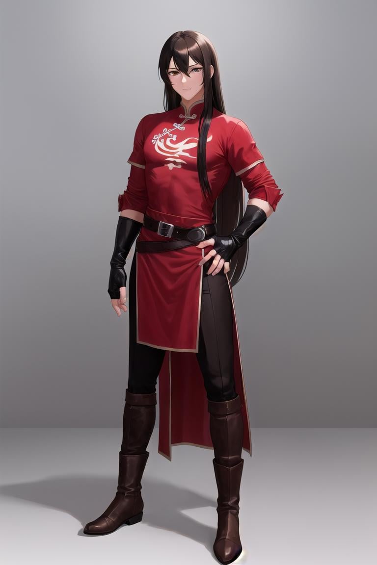 masterpiece, best quality, <lora:navarre_fe_v1:1>, navarre,1boy, solo, long hair, black hair, long hair, brown eyes, boots, belt, side slit, pants, black legwear, chinese clothes, red shirt, long sleeves, sheath, brown footwear, elbow gloves, fingerless gloves, side slit