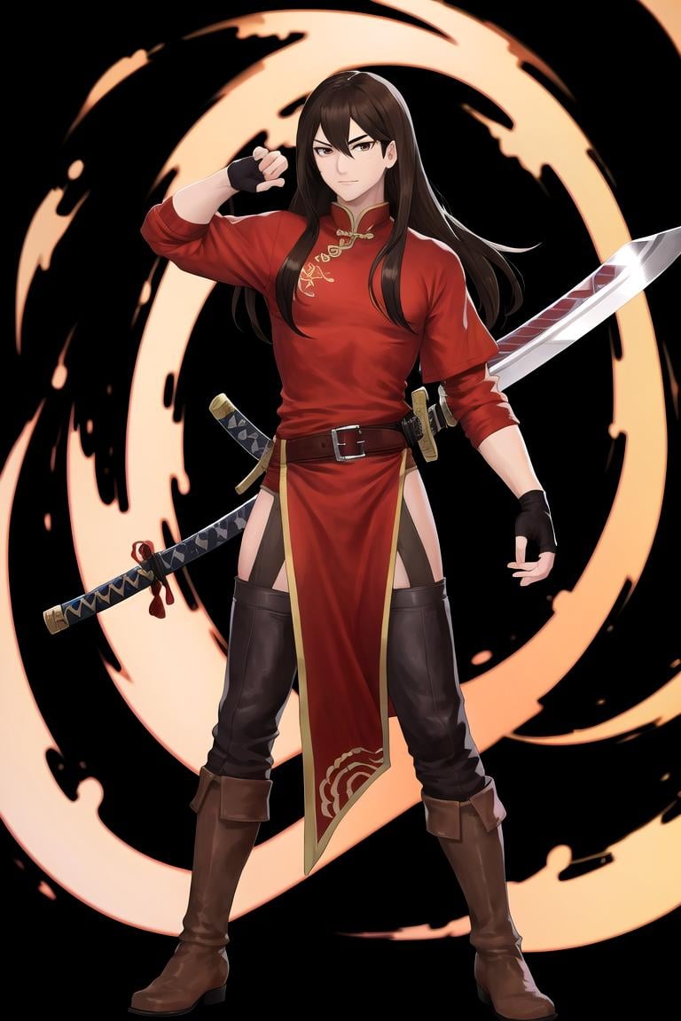 masterpiece, best quality, <lora:navarre_fe_v1:1>, navarre, <lora:FEH_Concept_v2:1>, feh, black background, simple background, 1boy, solo, full body, standing, long hair, black hair, long hair, brown eyes, boots, belt, side slit, pants, black legwear, chinese clothes, red shirt, long sleeves, sheath, sword, katana, brown footwear, elbow gloves, fingerless gloves, side slit