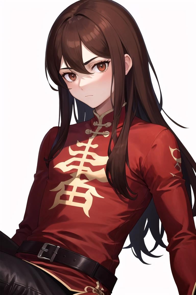 masterpiece, best quality, <lora:navarre_fe_v1:1>, navarre,1boy, solo, upper body, close-up, long hair, brown hair, long hair, brown eyes, boots, belt, side slit, pants, black legwear, chinese clothes, red shirt, long sleeves, sheath