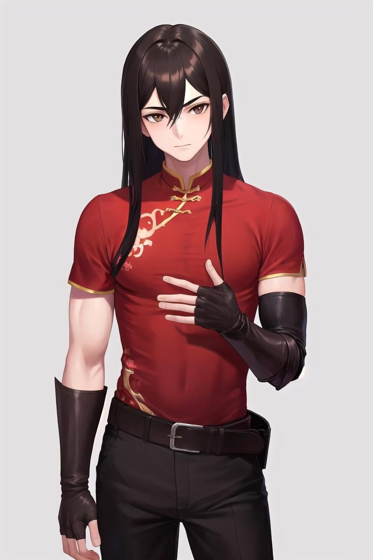 masterpiece, best quality, <lora:navarre_fe_v1:1>, navarre,1boy, solo, upper body,  long hair, black hair, long hair, brown eyes, boots, belt, side slit, pants, black legwear, chinese clothes, red shirt, long sleeves, sheath, brown footwear, elbow gloves, fingerless gloves