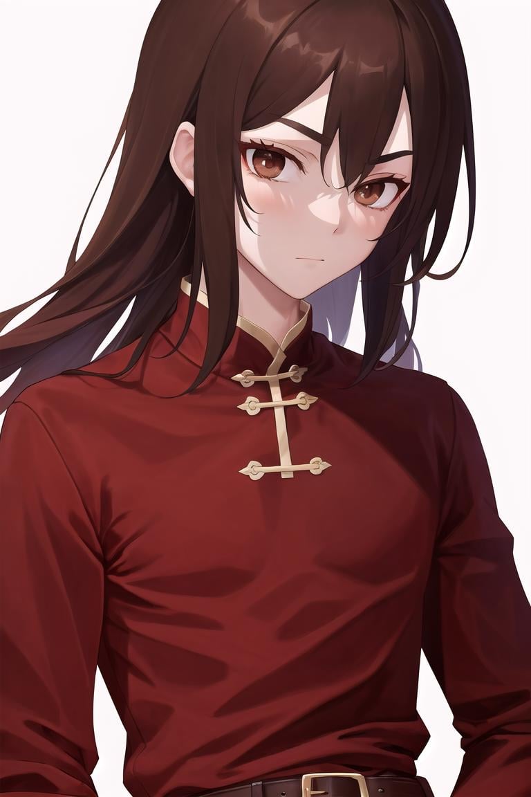 masterpiece, best quality, <lora:navarre_fe_v1:1>, navarre,1boy, solo, upper body, close-up, long hair, brown hair, long hair, brown eyes, boots, belt, side slit, pants, black legwear, chinese clothes, red shirt, long sleeves, sheath, brown footwear, 