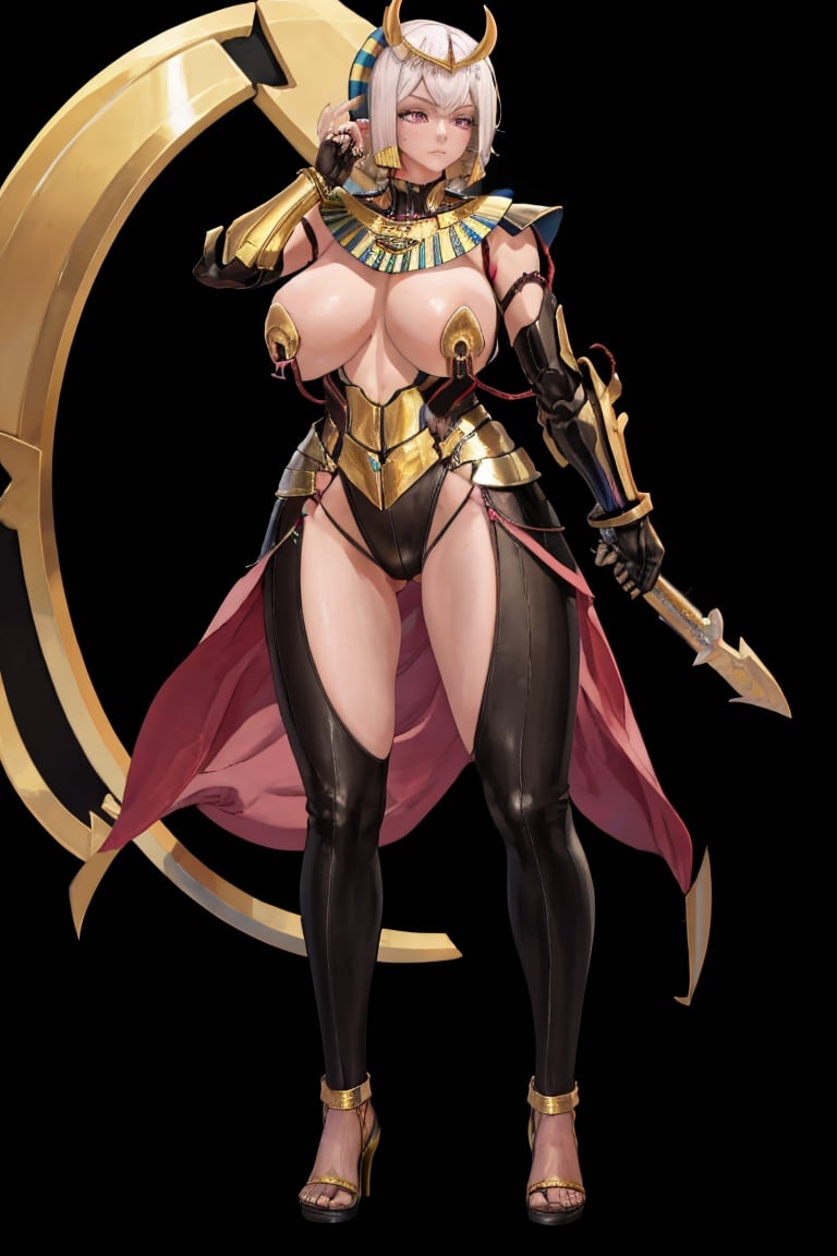 masterpiece, best quality,  <lora:FEH_Concept_v2:1> black background, simple background, standing, full body, 1girl, solo, hathor <lora:hathor-lo-richy-v2:1>, pink eyes, egyptian clothes, high heels, red string, huge breasts, <lora:attire_innerthighvents_a-12:1>  thigh cutout, clothing cutout, armor, revealing clothes, 