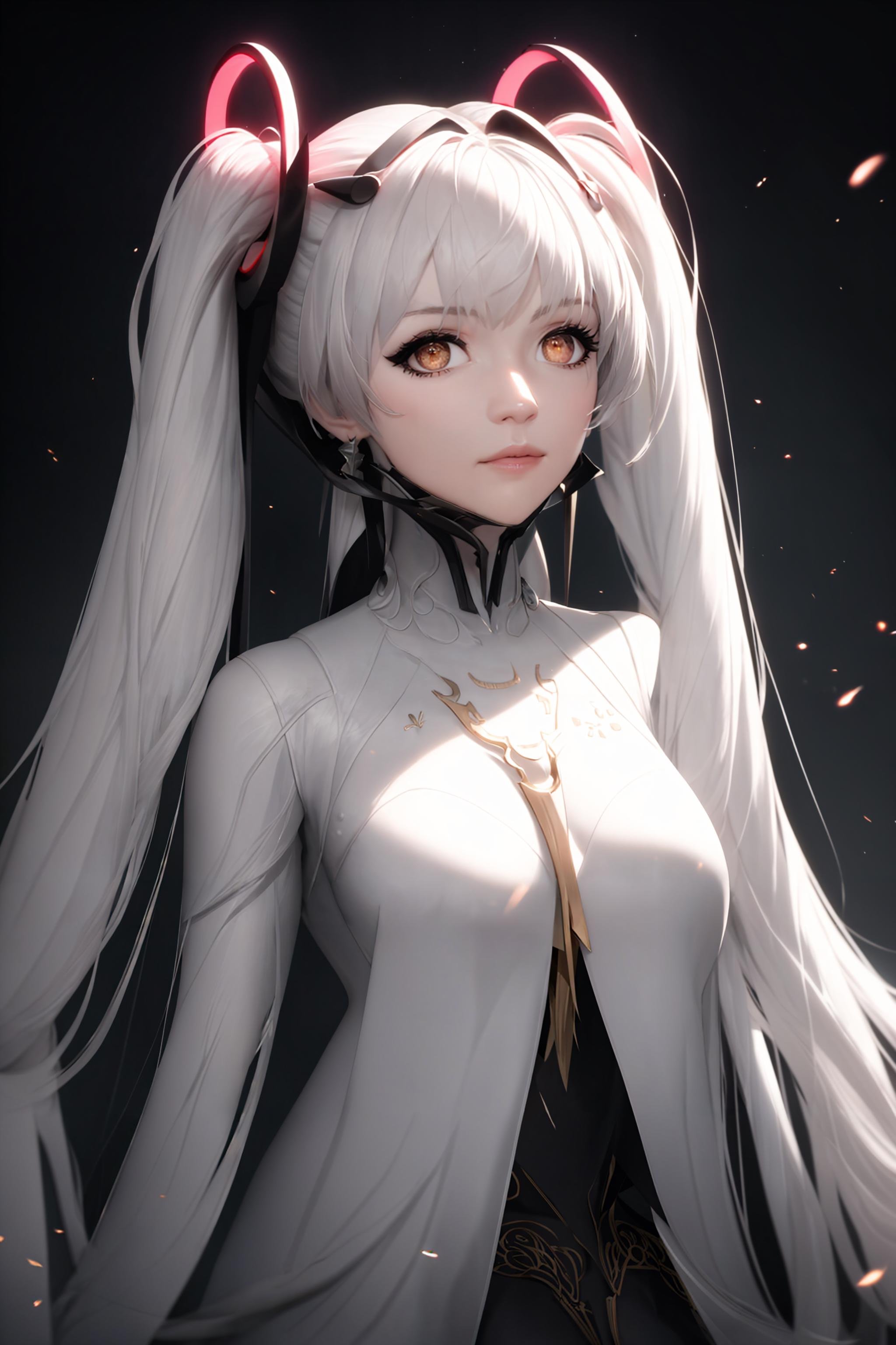 <lora:pgr_luna-10:0.7>, pgr_luna, 8k, intricate, elegant, highly detailed, majestic, hires, masterpiece, best quality, 1girl, bangs, breasts, eyebrows_visible_through_hair, hair_ornament, light_particles, long_hair, looking_at_viewer, medium_breasts, solo, twintails, very_long_hair, yellow_eyes, white hair,