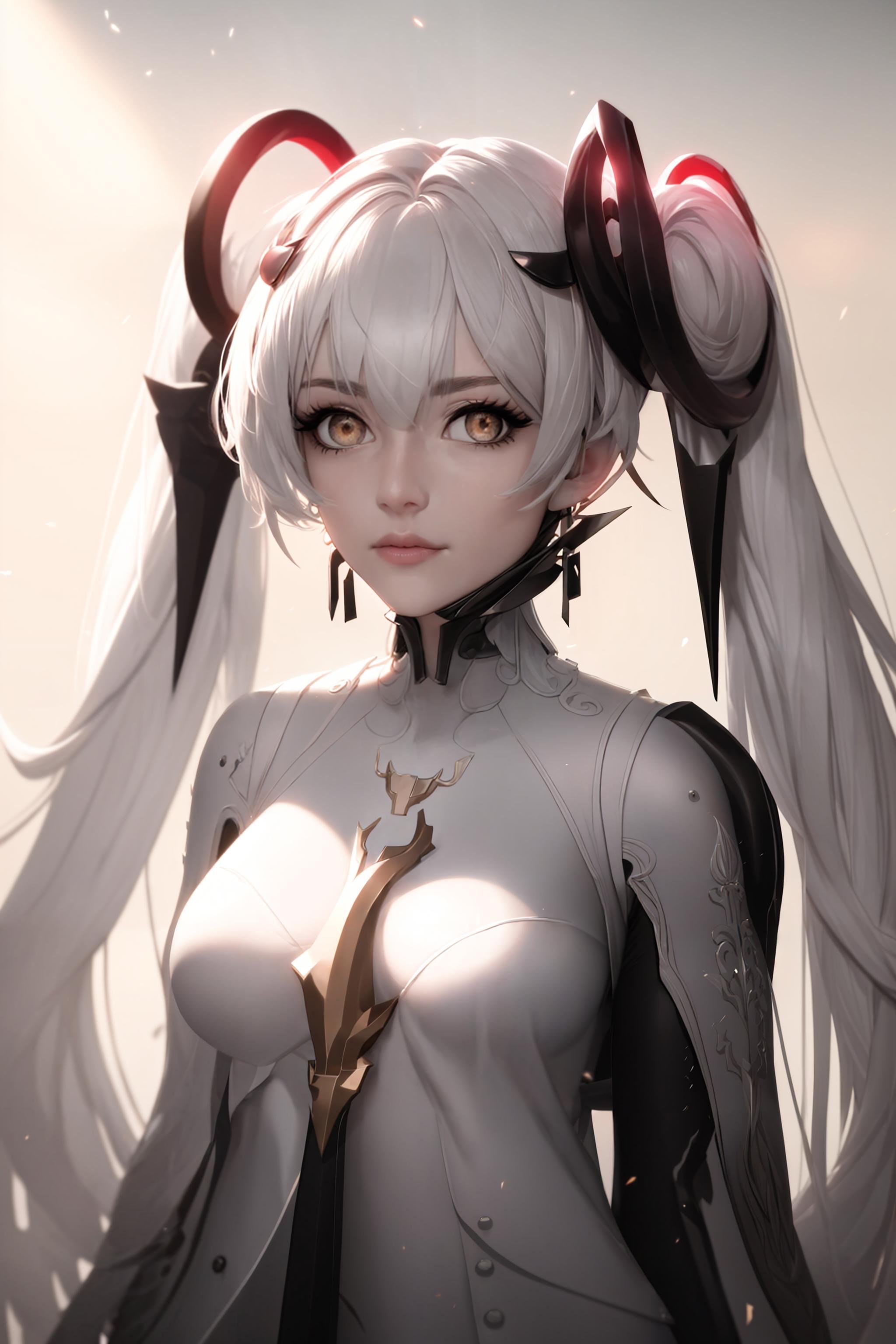 <lora:pgr_luna-10:0.7>, pgr_luna, 8k, intricate, elegant, highly detailed, majestic, hires, masterpiece, best quality, 1girl, bangs, breasts, eyebrows_visible_through_hair, hair_ornament, light_particles, long_hair, looking_at_viewer, medium_breasts, solo, twintails, very_long_hair, yellow_eyes, white hair,