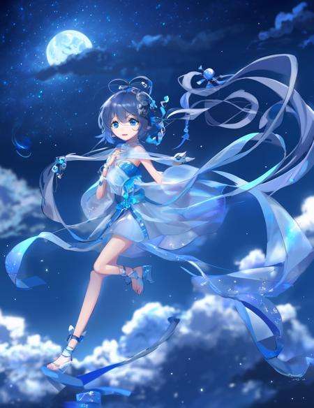 masterpiece, best quality, floating,beautiful detailed eyes,1girl, solo,lty,ribbons, clouds:0.3,multiple_luna,floating_fortress technology machinery,night sky background, <lora:lty-000008:0.8>