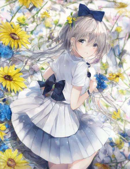 1girl, solo,lty,ribbons, bowties, buttons, pleated skirt, flowers, <lora:lty-000008:0.8>