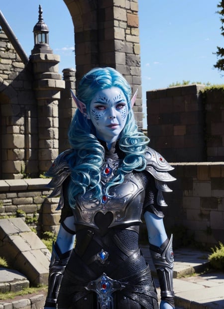 githyanki, female, solo, long hair, blue hair, upper body, weapon, outdoors, blue hair, blue skin, pale skin, day, pointy ears, sword, armor, blurry, lips, detailed background, facial mark, shoulder armor, breastplate, fantasy, weapon on back, ((masterpiece, best quality)), art by greg rutkowski, artwork trending on artstation  <lora:githyanki_offset:1>