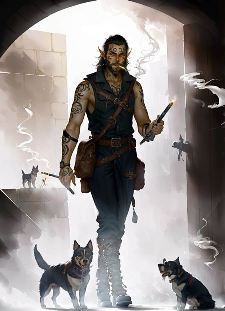 githyanki, solo, black hair, male, weapon, male focus, boots, pointy ears, sword, tattoo, facial hair, sheath, beard, walking, dog, cigarette, sheathed, smoking, ((masterpiece, best quality)), art by greg rutkowski, artwork trending on artstation  <lora:githyanki_offset:1>