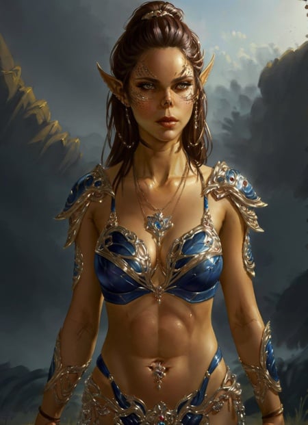 githyanki, female, solo, long hair, looking at viewer, brown hair, navel, jewelry, pointy ears, necklace, armor, lips,  scales, bikini armor, ((masterpiece, best quality)), art by greg rutkowski, artwork trending on artstation  <lora:githyanki_offset:1>