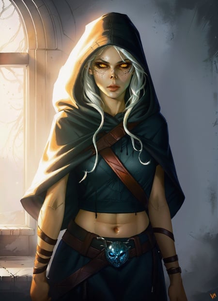 githyanki, female, pointy ears, solo, navel, hood, midriff, looking at viewer, long hair, cloak, green skin, breasts, white hair, hood up, cape, medium breasts, hooded cloak, belt, pouch, orange eyes, upper body, weapon, glowing eyes, lips, , ((masterpiece, best quality)), art by greg rutkowski, artwork trending on artstation  <lora:githyanki_offset:1>