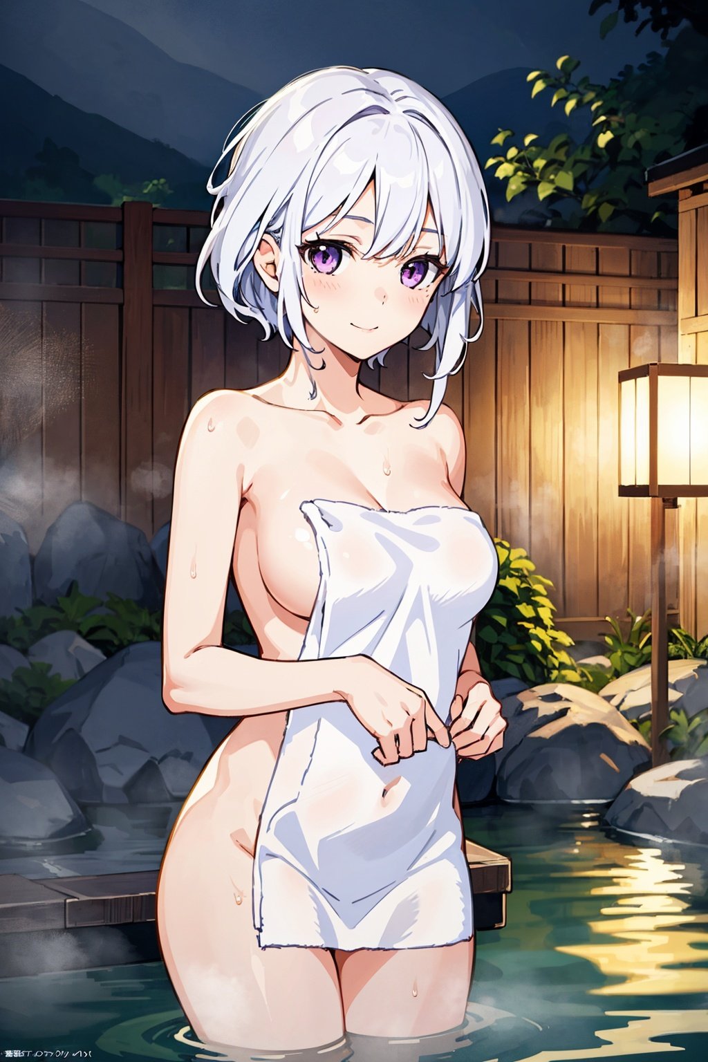 1girl, white hair, purple eyes, portrait, realistic, ((towel)), (onsen), sidelighting, wallpaper, nsfw