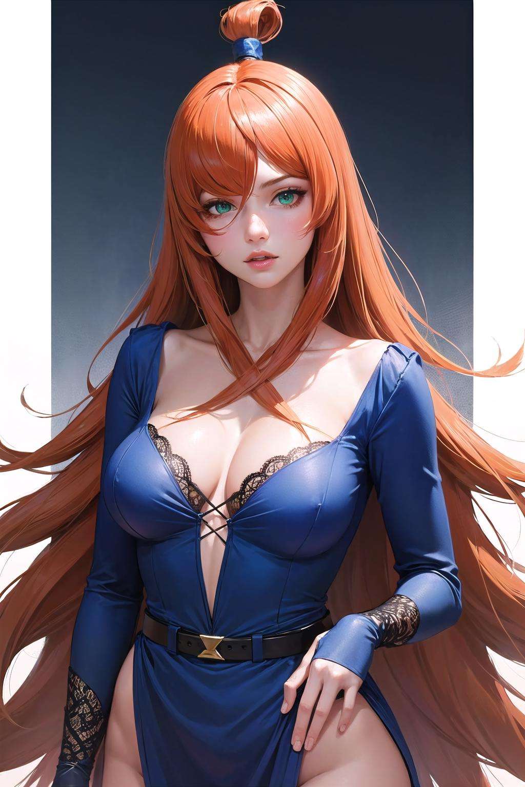 <lora:nar_terumi_mei-10:1>,nar_terumi_mei,green eyes,hair over one eye,long hair,large breasts,blue dress,