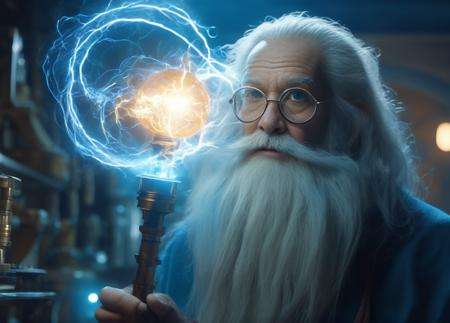 a crazy old scientist with a long white beard holding a blue light, still from a fantasy movie, cg artist, the electric boy, by Adam Paquette, inspired by Rube Goldberg, brandishing cosmic weapon, 3 - d 8 k, juno promotional image, sad wizard, asian old skinny scientist with a big beard and beard, by Peter Mohrbacher